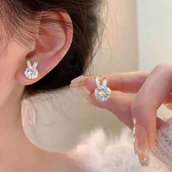 Bunny stud earrings with rhinestones, shiny and cute, great for party - Picture 3 of 3